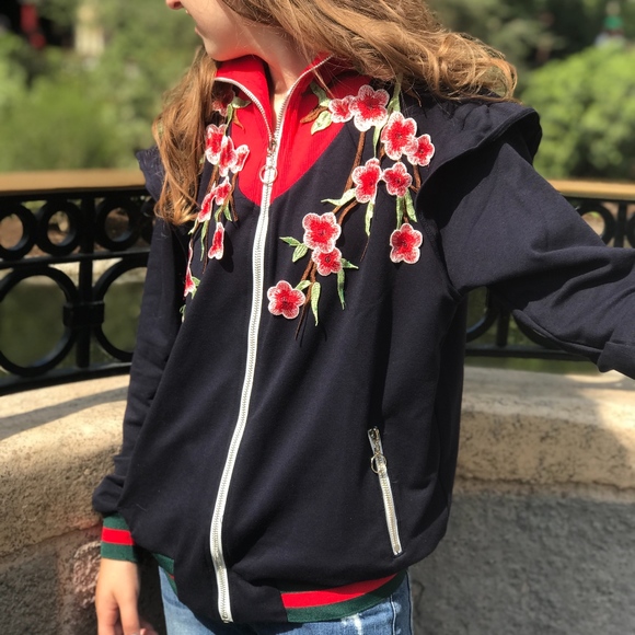 Blue Embroidered Floral Track Jacket Zip Hoodie - Picture 3 of 5